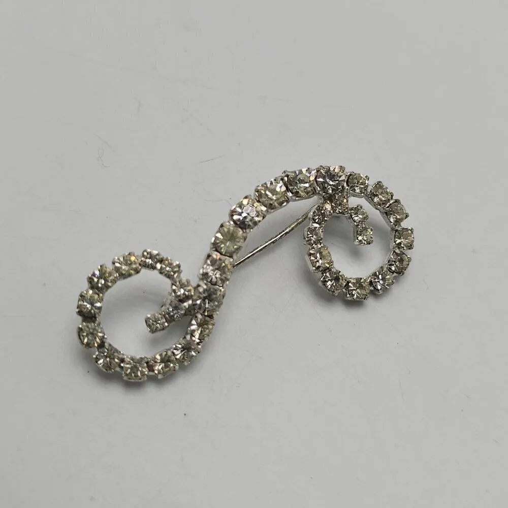 Vintage Clear Rhinestone Swirl Silver Tone Brooch Pin